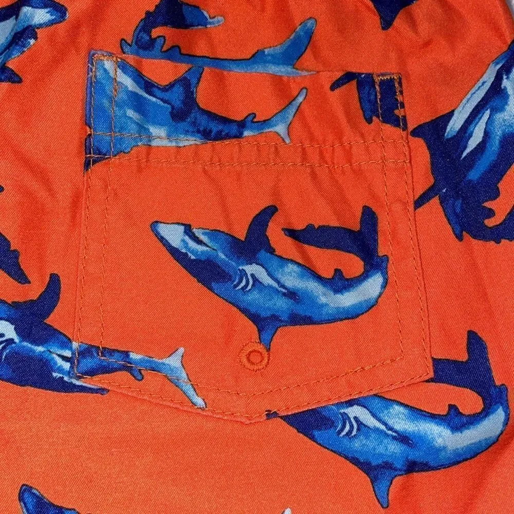 Lands’ End Boys Orange Swim Trunks w/Blue Dolphins & Elastic Waist (Size: Boys M